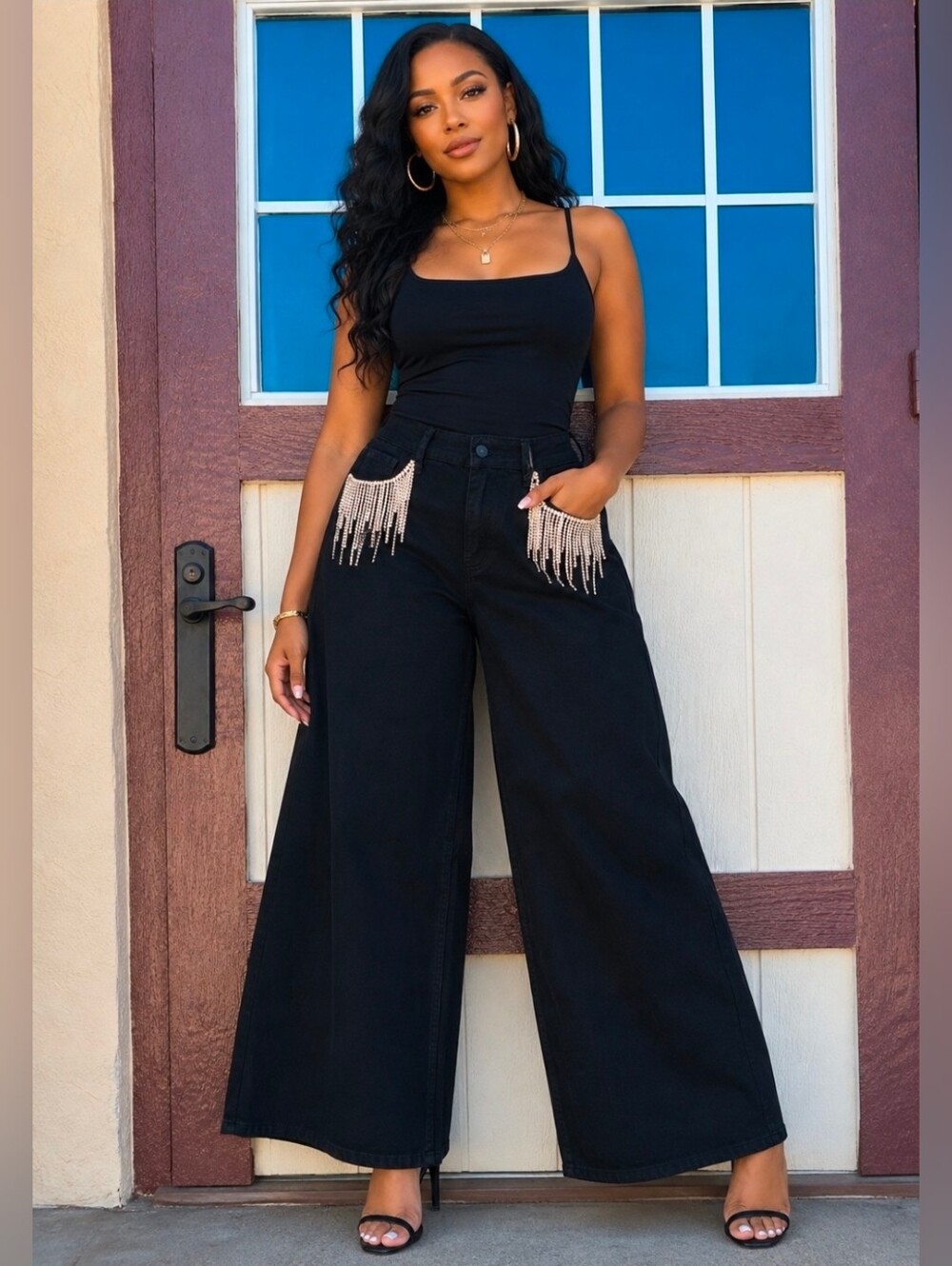 NEW! Lucky & Blessed Black WideLeg Pants w/ Silver Faux Diamond Pocket Decor,NWT